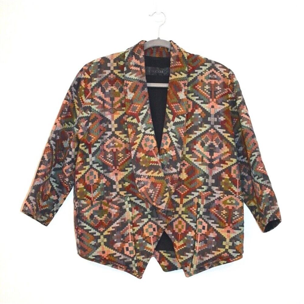 Leslie Dalia Southwest Tapestry Blazer Size Small Jacket Aztec Western Cut-Outs